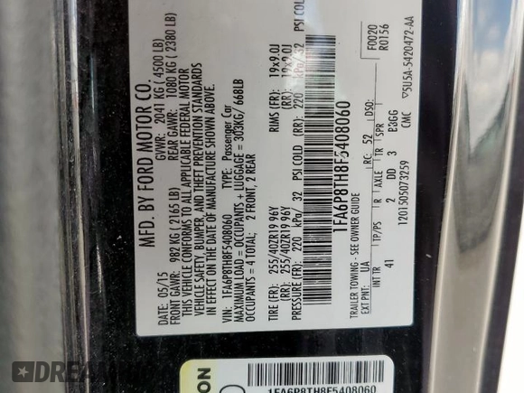 2015 Ford Mustang EcoBoost with VIN 1FA6P8TH8F5408060, listed as a Copart auction lot 62118585 with 76,913 mi miles and Salvage title. Bid and sale history available at DreamBid. Image 12.