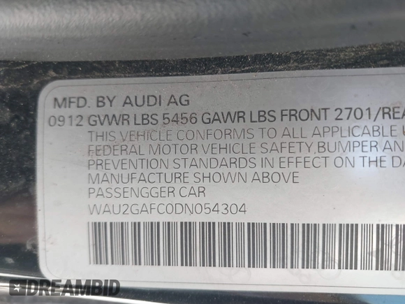 2013 Audi A7 Prestige with VIN WAU2GAFC0DN054304, listed as a IAAI auction lot 41717873 with 168,651 mi miles and . Bid and sale history available at DreamBid. Image 9.