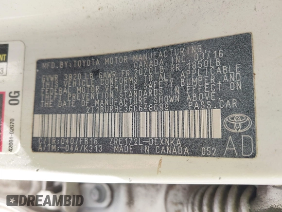 2016 Toyota Corolla L with VIN 2T1BURHE3GC648689, listed as a IAAI auction lot 42049772 with 115,691 mi miles and . Bid and sale history available at DreamBid. Image 9.