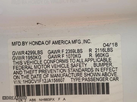 2018 Honda Accord Sedan LX 1.5T with VIN 1HGCV1F12JA156607, listed as a Copart auction lot 51861555 with 87,523 mi miles and Salvage Title. Bid and sale history available at carsss.com. Image 12.