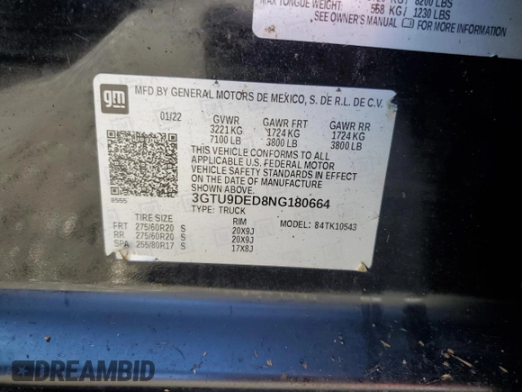 2022 GMC Sierra 1500 SLT with VIN 3GTU9DED8NG180664, listed as a Copart auction lot 47033665 with Not Provided miles and Salvage Title. Bid and sale history available at DreamBid. Image 13.