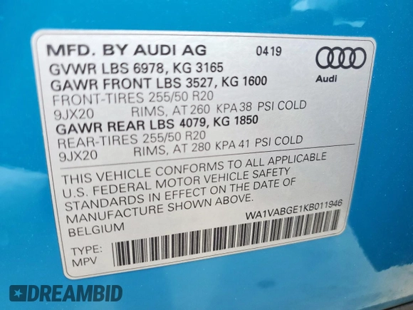 2019 Audi e-tron Prestige with VIN WA1VABGE1KB011946, listed as a Copart auction lot 56902655 with 43,898 mi miles and Salvage title. Bid and sale history available at DreamBid. Image 14.