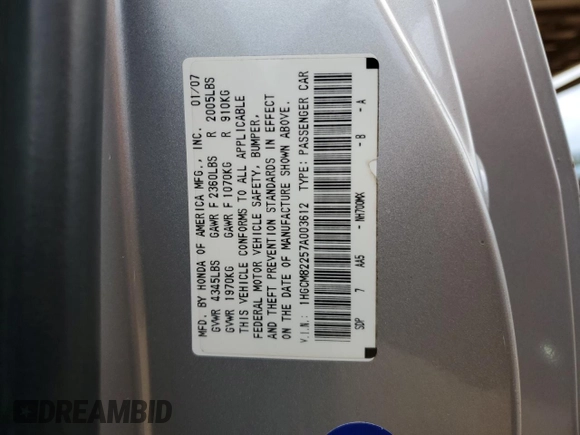 2007 Honda Accord LX with VIN 1HGCM82257A003612, listed as a Copart auction lot 73422614 with 129,945 mi miles and Salvage title. Bid and sale history available at DreamBid. Image 13.