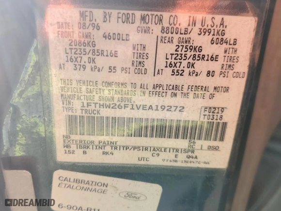 1997 Ford F-250 HD Crew Cab with VIN 1FTHW26F1VEA19272, listed as a Copart auction lot 87018624 with NaN miles and Salvage Title. Bid and sale history available at carsss.com. Image 12.