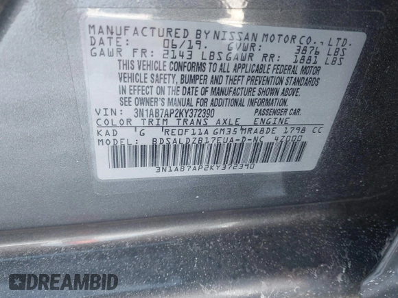 2019 Nissan Sentra SV with VIN 3N1AB7AP2KY372390, listed as a IAAI auction lot 41621109 with 49,462 mi miles and . Bid and sale history available at DreamBid. Image 9.