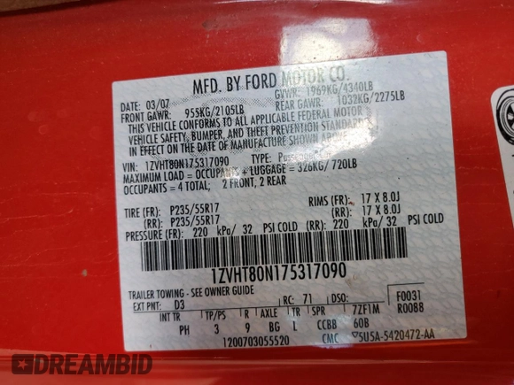 2007 Ford Mustang Deluxe with VIN 1ZVHT80N175317090, listed as a Copart auction lot 56140915 with 182,018 mi miles and Salvage title. Bid and sale history available at DreamBid. Image 12.