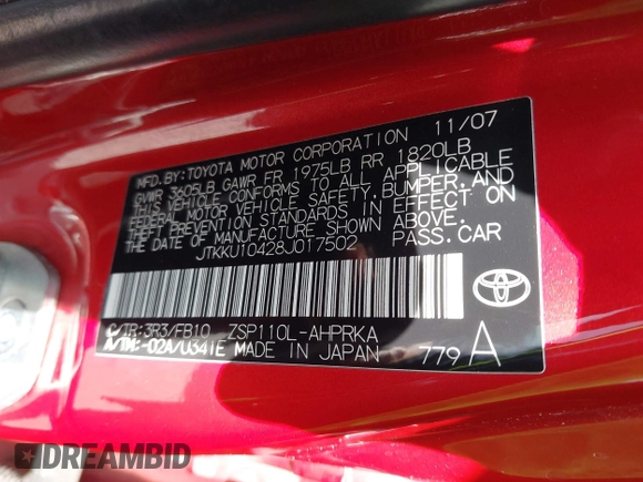 2008 Scion xD with VIN JTKKU10428J017502, listed as a IAAI auction lot 42057909 with 149,789 mi miles. Bid and sale history available at carsss.com. Image 9.