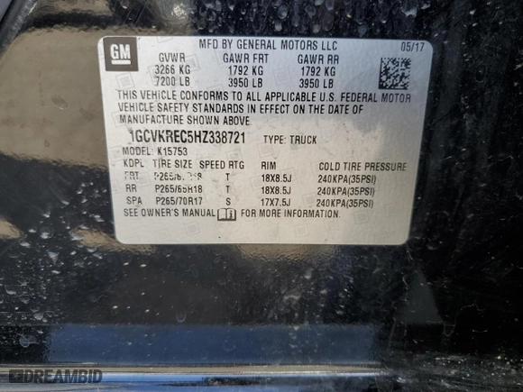 2017 Chevrolet Silverado 1500 LT with VIN 1GCVKREC5HZ338721, listed as a Copart auction lot 47854125 with 0 mi miles and Salvage Title. Bid and sale history available at carsss.com. Image 14.