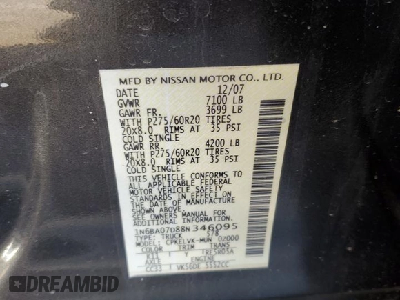 2008 Nissan Titan SE with VIN 1N6BA07D88N346095, listed as a Copart auction lot 81710484 with 90,568 mi miles and Salvage Title. Bid and sale history available at carsss.com. Image 12.