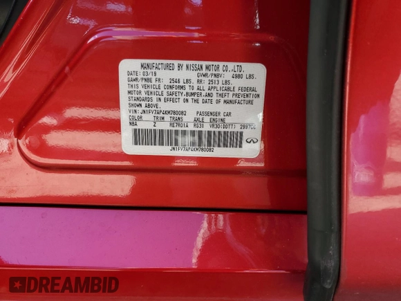 2019 Infiniti Q50 RED SPORT 400 with VIN JN1FV7AP4KM780082, listed as a Copart auction lot 41540805 with 78,820 mi miles and Salvage Title. Bid and sale history available at carsss.com. Image 12.