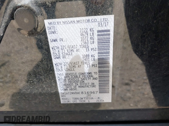 2017 Nissan Rogue SL z VIN 5N1AT2MV0HC816967, wystawiony jako IAAI lot #42190251 z przebiegiem 198 041 mil mil oraz . Historia ofert i sprzedaży dostępna na DreamBid. Obrazek 9.