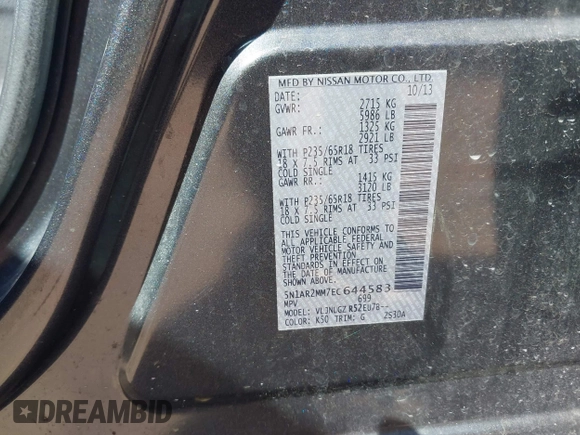 2014 Nissan Pathfinder SL with VIN 5N1AR2MM7EC644583, listed as a IAAI auction lot 42144978 with 152,761 mi miles. Bid and sale history available at carsss.com. Image 9.