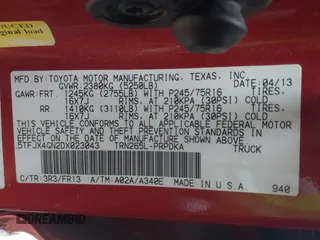 2013 Toyota Tacoma PreRunner with VIN 5TFJX4GN2DX023043, listed as a IAAI auction lot 41367497 with 254,575 mi miles and . Bid and sale history available at DreamBid. Image 9.