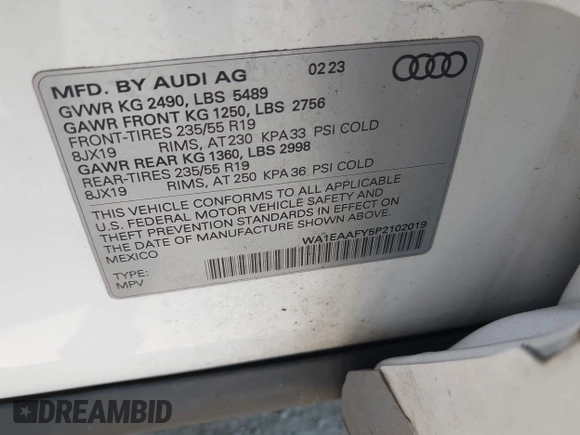 2023 Audi Q5 S line Premium Plus with VIN WA1EAAFY5P2102019, listed as a IAAI auction lot 42648755 with 49,823 mi miles and . Bid and sale history available at DreamBid. Image 9.