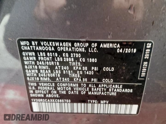 2019 Volkswagen Atlas S z VIN 1V2GR2CAXKC565750, wystawiony jako Copart lot #55911835 z przebiegiem 107 594 mil mil oraz Szkoda całkowita • Salvage title. Historia ofert i sprzedaży dostępna na DreamBid. Obrazek 14.
