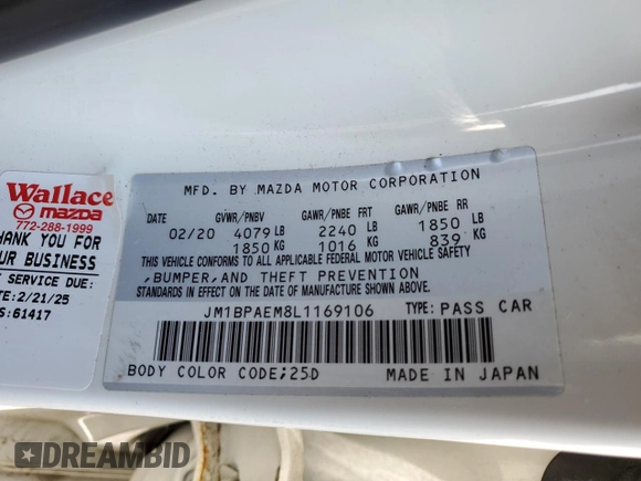 2020 Mazda 3 Premium with VIN JM1BPAEM8L1169106, listed as a Copart auction lot 63565875 with 61,209 mi miles and Salvage title. Bid and sale history available at DreamBid. Image 12.