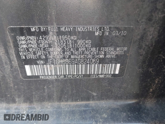 2010 Subaru Impreza i Premium with VIN JF1GH6B69AG824069, listed as a IAAI auction lot 42506596 with 151,304 mi miles and . Bid and sale history available at DreamBid. Image 9.