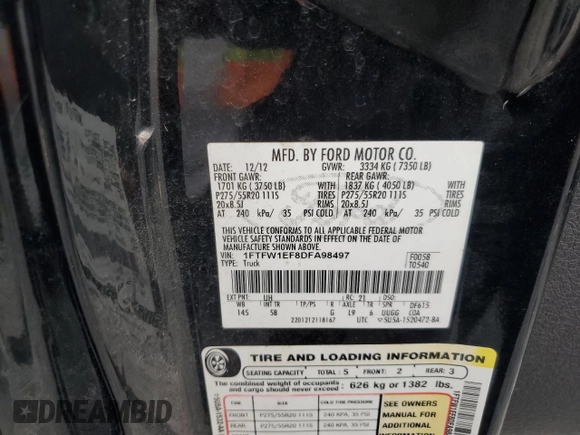 2013 Ford F-150 XL with VIN 1FTFW1EF8DFA98497, listed as a Copart auction lot 55030295 with 231,057 mi miles and Salvage title. Bid and sale history available at DreamBid. Image 12.