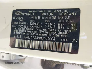2021 Hyundai Tucson Value with VIN KM8J33A49MU404004, listed as a IAAI auction lot 41978906 with Not Provided miles and . Bid and sale history available at DreamBid. Image 9.