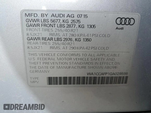 2016 Audi SQ5 Premium Plus with VIN WA1CCAFP1GA029598, listed as a Copart auction lot 52141154 with 76,256 mi miles. Bid and sale history available at carsss.com. Image 12.