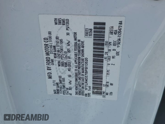 2011 Ford Ranger XLT with VIN 1FTLR4EE7BPB13520, listed as a Copart auction lot 61282365 with 127,111 mi miles and Salvage title. Bid and sale history available at DreamBid. Image 12.
