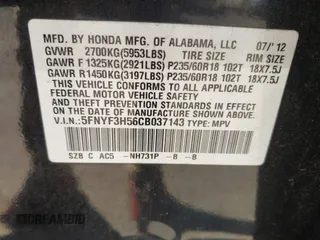 2012 Honda Pilot EX-L with VIN 5FNYF3H56CB037143, listed as a IAAI auction lot 41791166 with 191,262 mi miles. Bid and sale history available at carsss.com. Image 9.