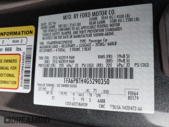 2016 Ford Mustang EcoBoost z VIN 1FA6P8TH4G5290350, wystawiony jako IAAI lot #42195141 z przebiegiem 98 495 mil mil oraz . Historia ofert i sprzedaży dostępna na DreamBid. Obrazek 9.