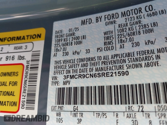 2025 Ford Bronco Sport Outer Banks with VIN 3FMCR9CN6SRE21590, listed as a IAAI auction lot 42084086 with 1,521 mi miles and . Bid and sale history available at DreamBid. Image 9.