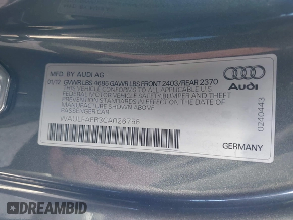 2012 Audi A5 Premium Plus z VIN WAULFAFR3CA026756, wystawiony jako IAAI lot #41824538 z przebiegiem 60 304 mil mil oraz . Historia ofert i sprzedaży dostępna na DreamBid. Obrazek 9.