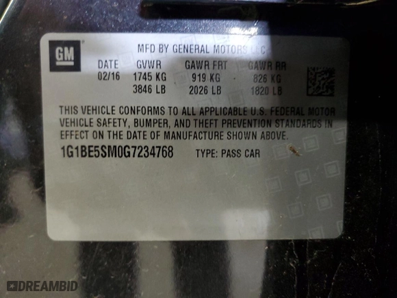 2016 Chevrolet Cruze LT with VIN 1G1BE5SM0G7234768, listed as a Copart auction lot 69408714 with 145,969 mi miles and Clean Title. Bid and sale history available at carsss.com. Image 12.