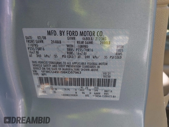 2008 Ford Escape Hybrid with VIN 1FMCU49H58KD57963, listed as a IAAI auction lot 42588648 with 177,409 mi miles and . Bid and sale history available at DreamBid. Image 9.