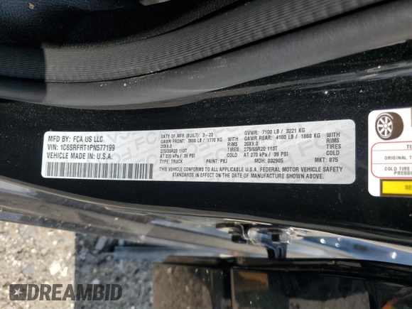 2023 Ram 1500 Laramie with VIN 1C6SRFRT1PN577199, listed as a Copart auction lot 64833895 with 22,119 mi miles and Salvage title. Bid and sale history available at DreamBid. Image 12.