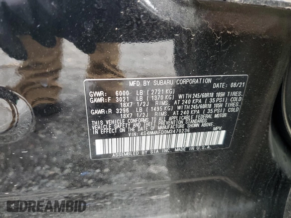 2021 Subaru Ascent Premium with VIN 4S4WMAFD0M3470236, listed as a Copart auction lot 61393143 with 29,985 mi miles. Bid and sale history available at carsss.com. Image 13.