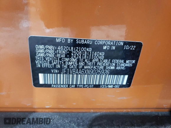 2022 Subaru WRX with VIN JF1VBAA6XN9025926, listed as a Copart auction lot 45240585 with 16,746 mi miles and Salvage Title. Bid and sale history available at carsss.com. Image 12.