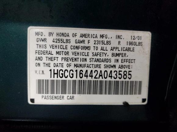 2002 Honda Accord LX z VIN 1HGCG16442A043585, wystawiony jako Copart lot #74481474 z przebiegiem 223 446 mil mil oraz Szkoda całkowita • Salvage title. Historia ofert i sprzedaży dostępna na DreamBid. Obrazek 13.
