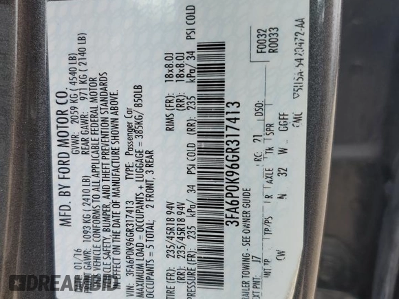 2016 Ford Fusion Titanium with VIN 3FA6P0K96GR317413, listed as a Copart auction lot 61256585 with 91,915 mi miles and Salvage title. Bid and sale history available at DreamBid. Image 13.