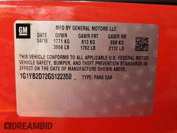 2016 Chevrolet Corvette 1LT with VIN 1G1YB2D72G5122350, listed as a Copart auction lot 54507735 with Not provided miles and Salvage title. Bid and sale history available at DreamBid. Image 13.
