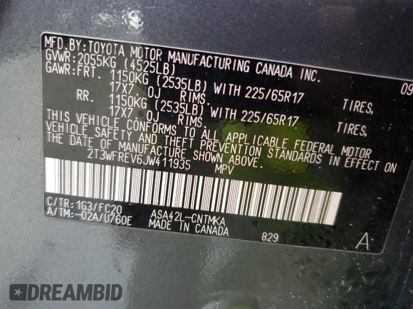 2018 Toyota RAV4 XLE with VIN 2T3WFREV6JW411935, listed as a Copart auction lot 54218405 with 123,831 mi miles and Salvage title. Bid and sale history available at DreamBid. Image 14.