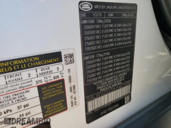2019 Land Rover Range Rover Sport HSE Dynamic with VIN SALWV2SV5KA421086, listed as a Copart auction lot 81683424 with 61,666 mi miles and Salvage Title. Bid and sale history available at carsss.com. Image 14.