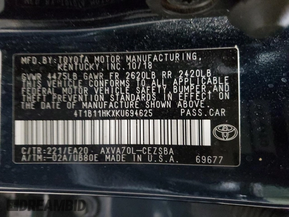 2019 Toyota Camry LE with VIN 4T1B11HKXKU694625, listed as a Copart auction lot 53539295 with 188,877 mi miles and Clean Title. Bid and sale history available at carsss.com. Image 12.