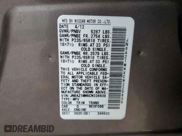2012 Nissan Murano S with VIN JN8AZ1MWXCW228608, listed as a Copart auction lot 51087215 with 102,030 mi miles and Clean Title. Bid and sale history available at DreamBid. Image 14.