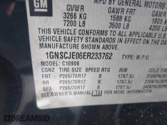 2014 Chevrolet Suburban LT with VIN 1GNSCJE06ER233762, listed as a IAAI auction lot 41515686 with 125,442 mi miles. Bid and sale history available at carsss.com. Image 9.