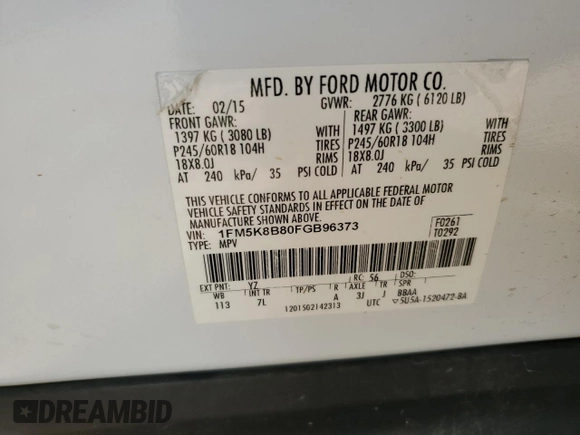 2015 Ford Explorer с VIN 1FM5K8B80FGB96373, выставлен на аукционе Copart как лот 49300865 с пробегом 80 572 миль миль и Списание • Salvage title. История ставок и продаж доступна на DreamBid. Изображение 13.