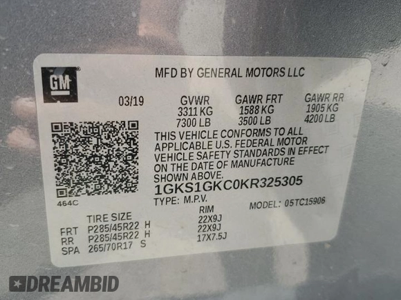 2019 GMC Yukon XL SLT z VIN 1GKS1GKC0KR325305, wystawiony jako Copart lot #56219325 z przebiegiem 136 295 mil mil oraz Szkoda całkowita • Salvage title. Historia ofert i sprzedaży dostępna na DreamBid. Obrazek 13.