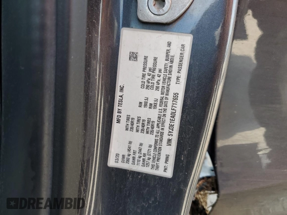 2020 Tesla Model 3 Standard Range Plus z VIN 5YJ3E1EA0LF717655, wystawiony jako Copart lot #51426325 z przebiegiem 34 730 mil mil oraz Szkoda całkowita • Salvage title. Historia ofert i sprzedaży dostępna na DreamBid. Obrazek 14.
