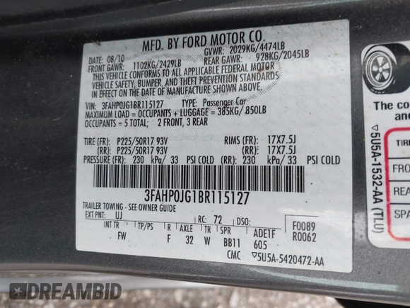 2011 Ford Fusion SEL with VIN 3FAHP0JG1BR115127, listed as a IAAI auction lot 41930531 with 183,512 mi miles. Bid and sale history available at carsss.com. Image 9.