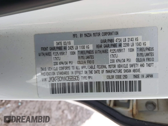 2019 Mazda CX-5 Touring with VIN JM3KFBCMXK0595905, listed as a IAAI auction lot 41934373 with 83,020 mi miles. Bid and sale history available at carsss.com. Image 9.