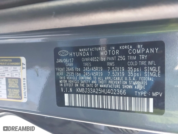 2017 Hyundai Tucson Value with VIN KM8J33A25HU402366, listed as a IAAI auction lot 41814426 with 117,669 mi miles. Bid and sale history available at carsss.com. Image 9.