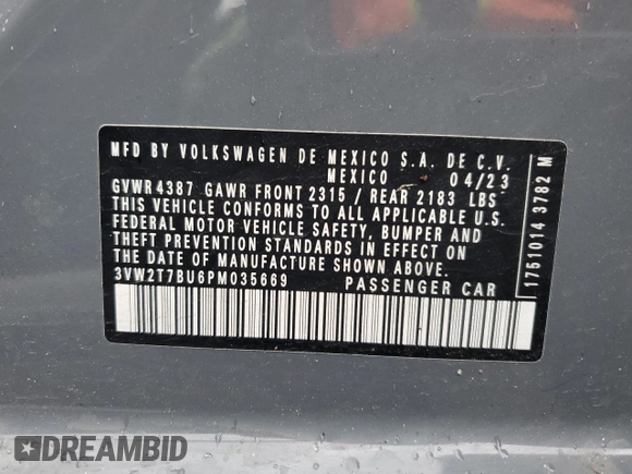 2023 Volkswagen Jetta GLI Autobahn с VIN 3VW2T7BU6PM035669, выставлен на аукционе Copart как лот 44269685 с пробегом 32 234 миль миль и Списание • Salvage title. История ставок и продаж доступна на DreamBid. Изображение 12.