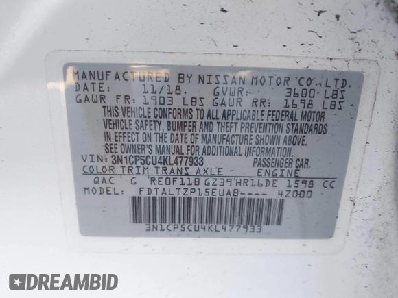2019 Nissan Kicks S with VIN 3N1CP5CU4KL477933, listed as a IAAI auction lot 41665355 with 54,782 mi miles. Bid and sale history available at carsss.com. Image 9.